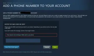 Ekran Steam z komunikatem o błędzie wysyłania kodu SMS na telefon.