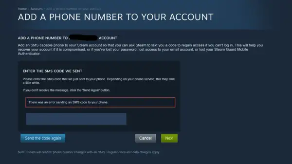 Ekran Steam z komunikatem o błędzie wysyłania kodu SMS na telefon.