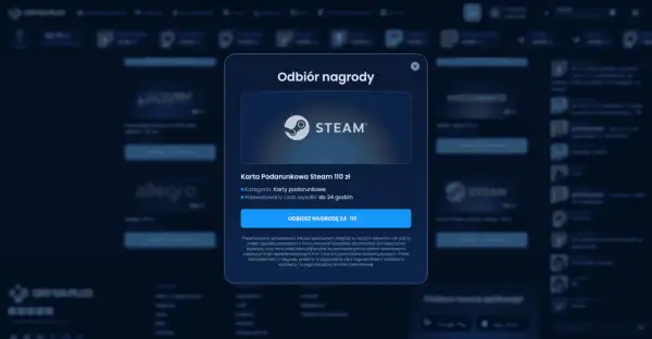 Okno dialogowe z logo Steam i informacją o karcie podarunkowej o wartości 110 zł.